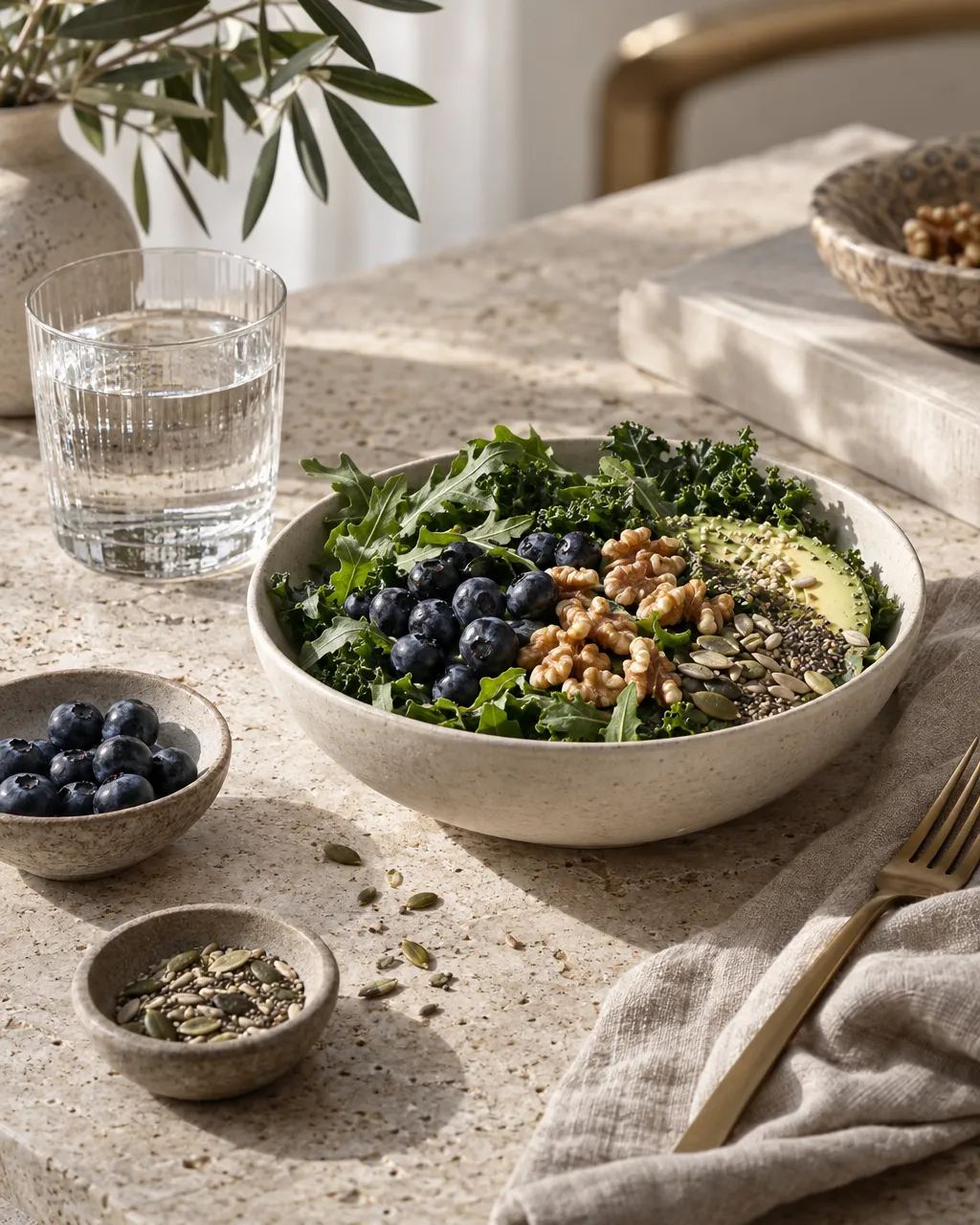 A bowl of fresh greens, berries and nuts